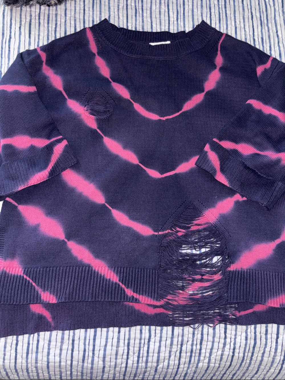 Umgee Navy Crewneck Sweater with Pink Tie-Dye and Distressed Details